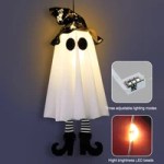 Light-up hanging ghost Halloween decoration with witch hat and glowing body