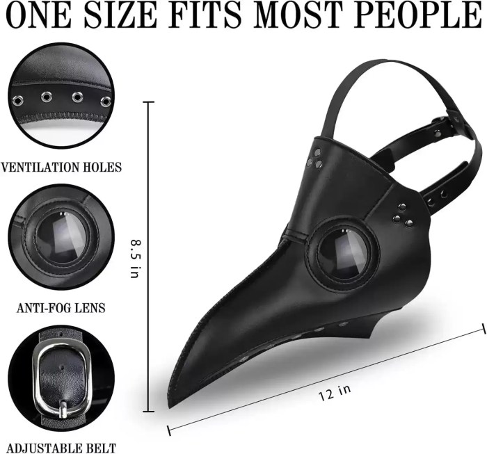 Long nose mask with anti-fog lens and belt.