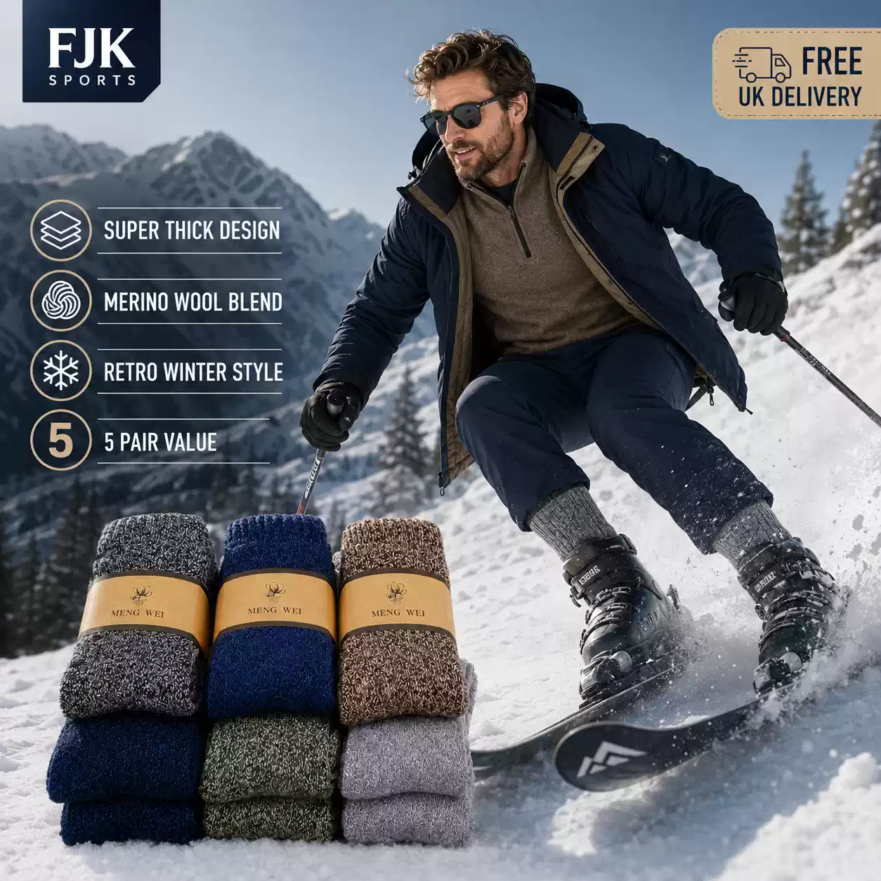 Men’s thick merino wool blend ski socks in a 5-pair pack for warm winter sports and cold-weather wear