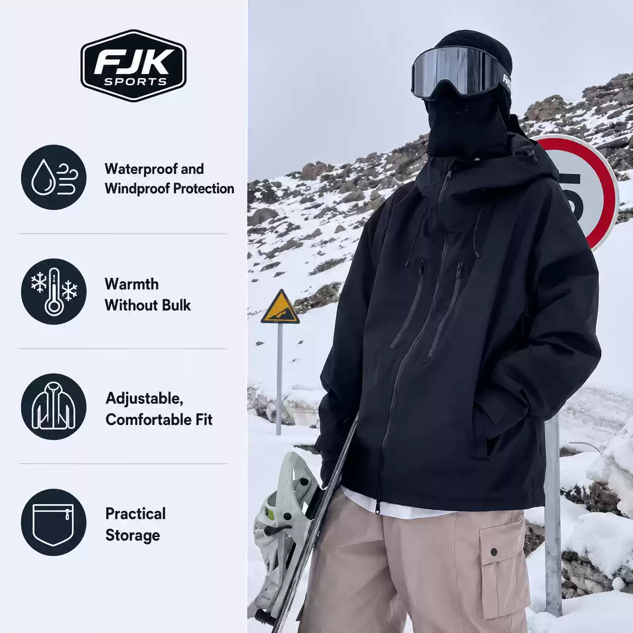 Men’s black waterproof ski jacket with windproof protection, adjustable fit and storage pockets