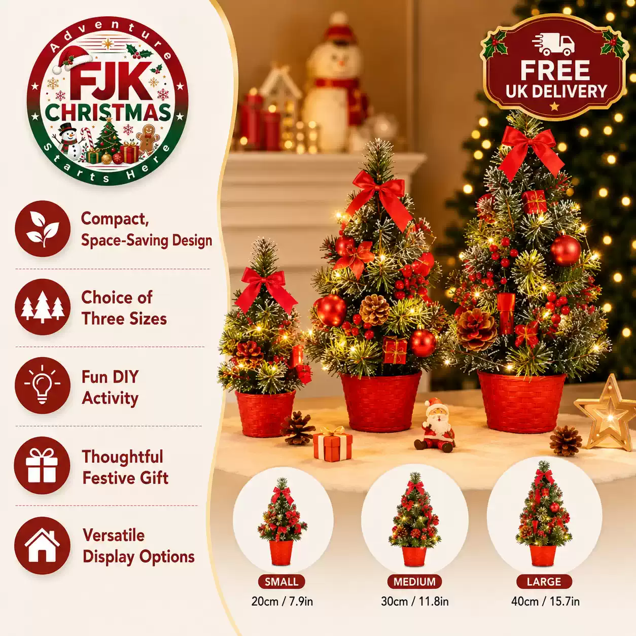 Mini artificial Christmas trees with lights, ornaments and red pots in three sizes