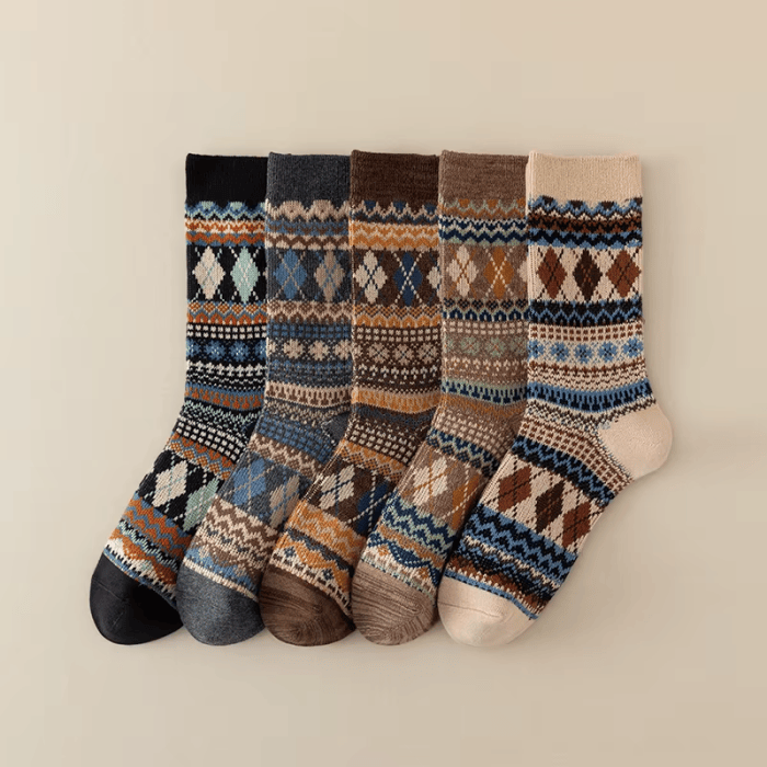 Patterned Winter Crew Socks 5-Pair Set Five pairs of patterned knitted winter crew socks in black, grey, brown, taupe and cream colours