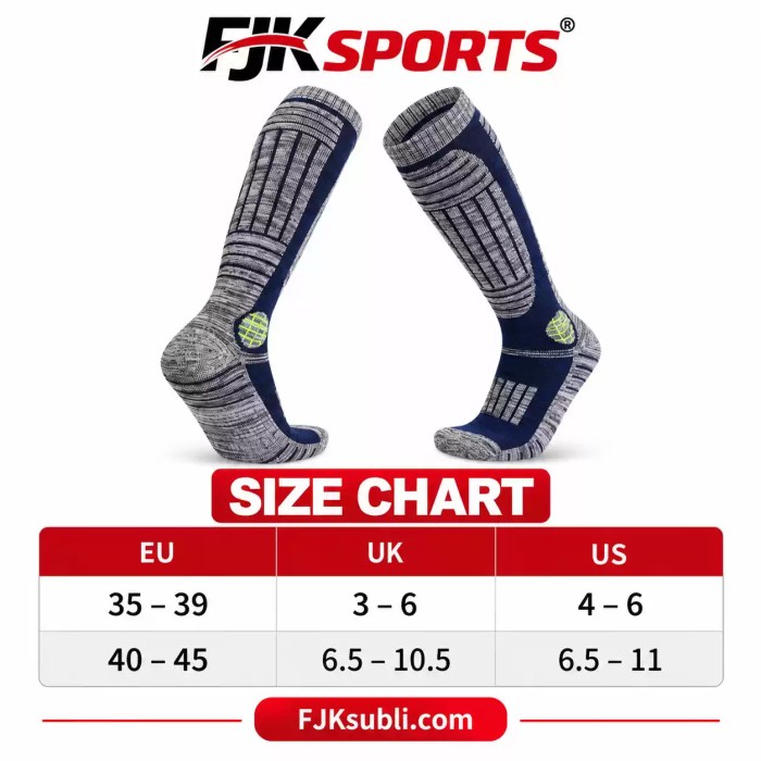 Sports compression socks size chart showing L and XL sizes for EU 39–47, UK 6–10, US men 6–12.5 and US women 7.5–14