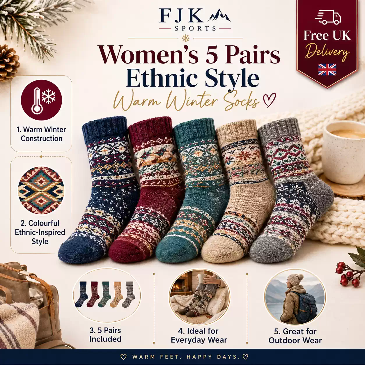 Women’s 5 pairs ethnic style warm winter socks with colourful patterns for cosy everyday and outdoor wear.