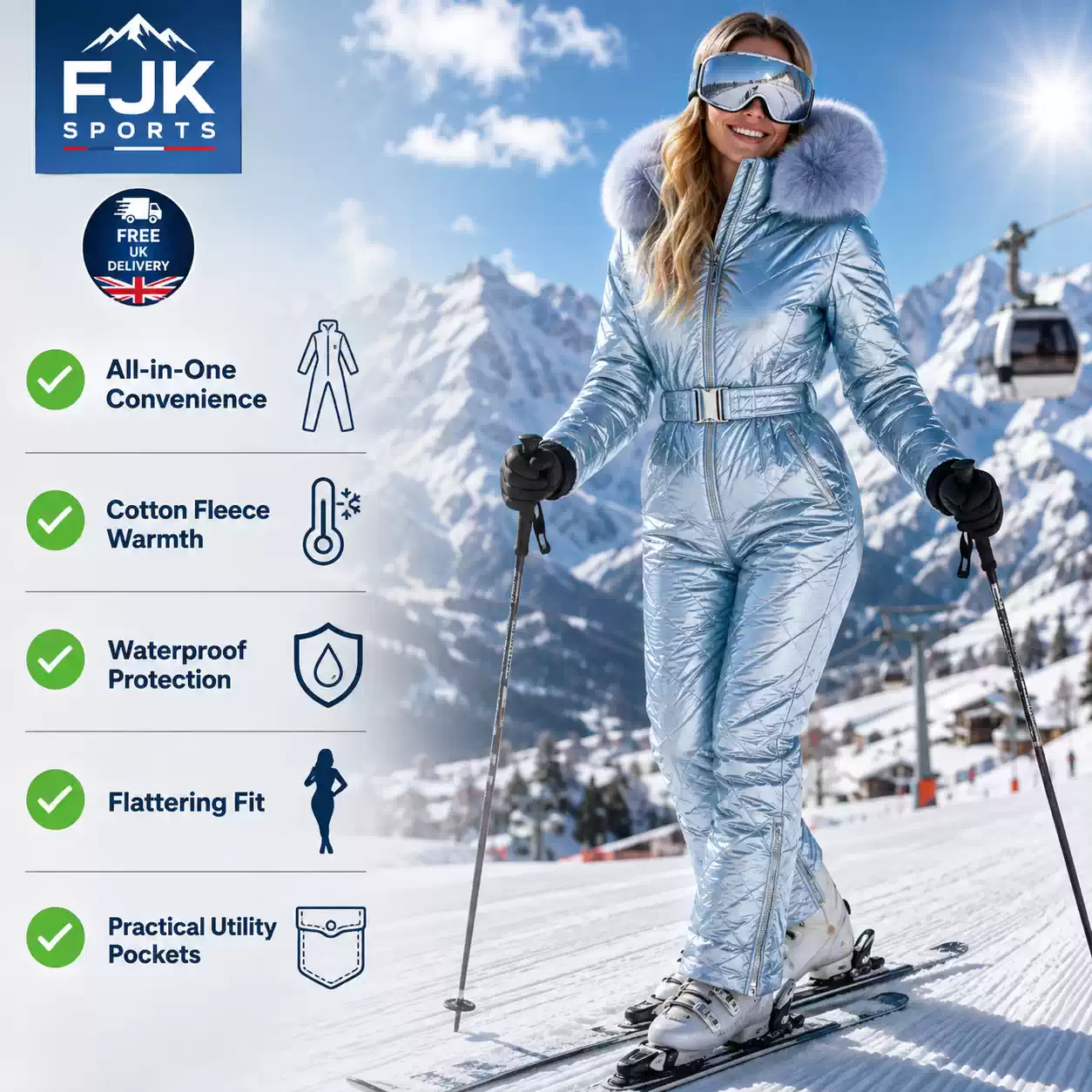 Woman wearing a metallic blue hooded one-piece ski suit with fur trim on a snowy mountain slope