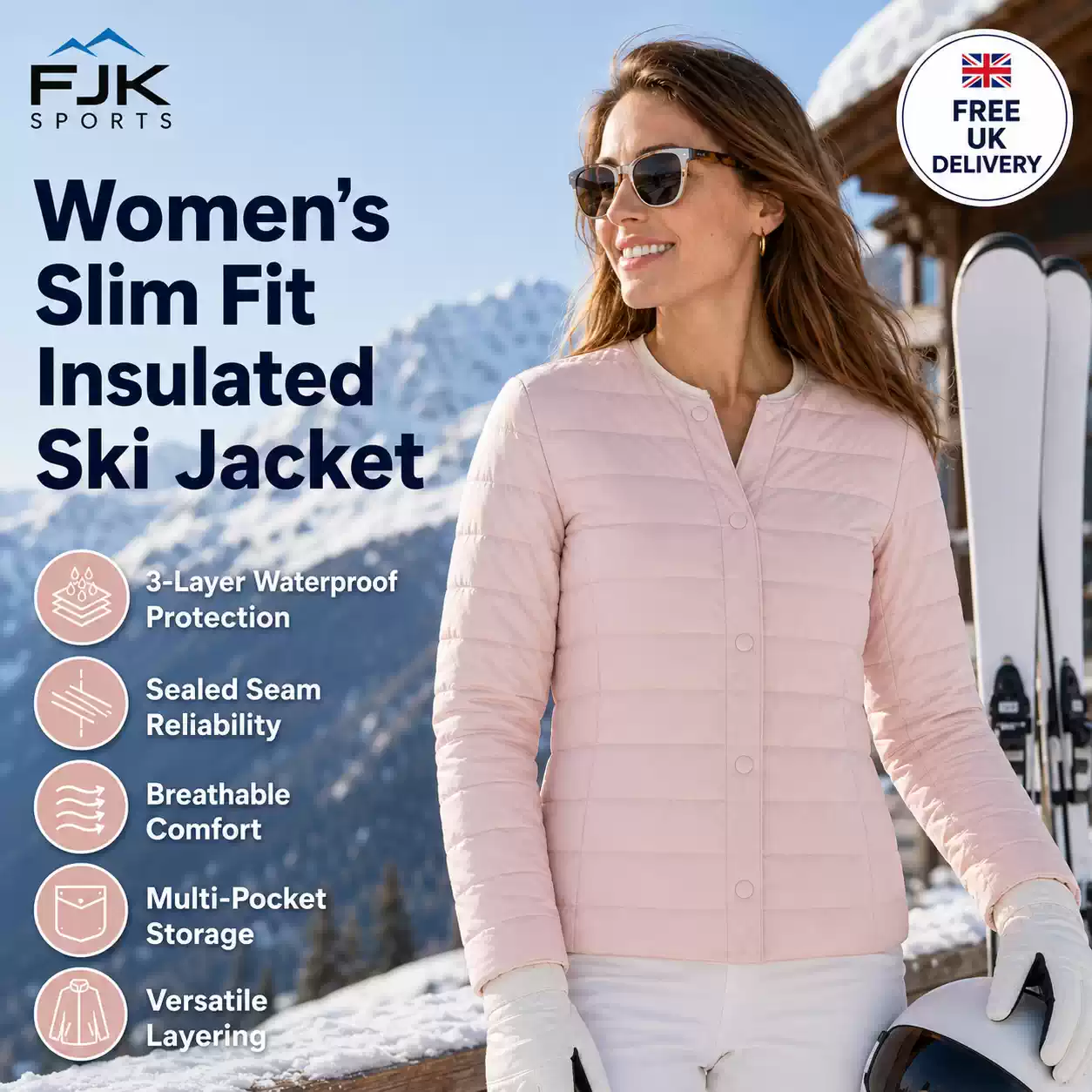 Woman wearing a light pink slim fit insulated ski jacket with white ski trousers in a snowy mountain resort