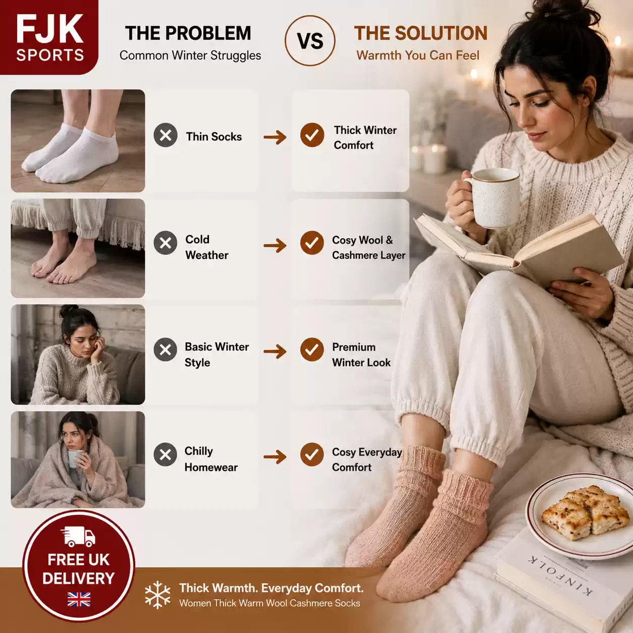Women’s thick warm wool cashmere socks for cosy winter comfort