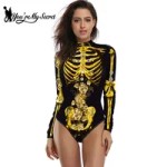 Women’s yellow skeleton print bodysuit for Halloween fancy dress