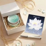 Peace and Calm aromatherapy candle presented in a gift box with decorative packaging and wellness card.
