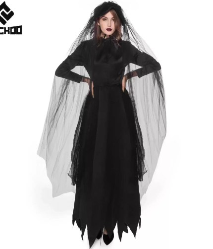 Black ghost bride costume with long veil