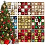 mixed Christmas bauble ornament sets in red, gold, green, blue and white displayed beside a decorated Christmas tree.