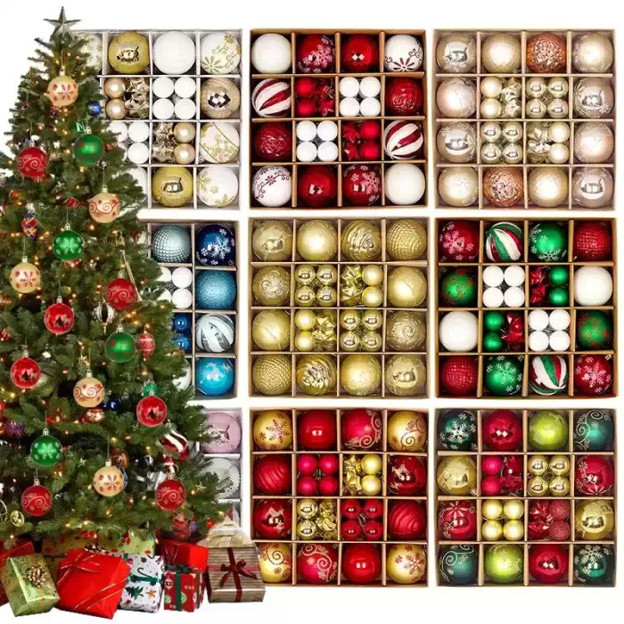 christmas-bauble-ornament-sets.webp mixed Christmas bauble ornament sets in red, gold, green, blue and white displayed beside a decorated Christmas tree.