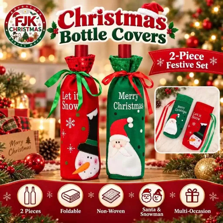 Two-piece Christmas bottle cover set with Santa and snowman designs