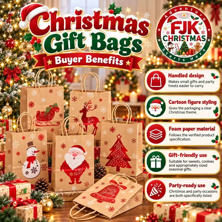 Christmas gift bags with handles featuring Santa, reindeer, snowman and Christmas tree designs, shown with buyer benefits and FJK Christmas branding.