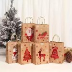 Festive Christmas gift bags with handles featuring Santa, snowman, reindeer, sleigh, tree and bell artwork.