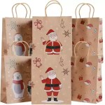 Christmas gift bags with handles featuring Santa, snowman, presents and festive cartoon designs.