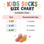 Kids socks size chart showing 1–2T, 3–5T and 6–9T sizes with recommended ages from 1 to 9 years