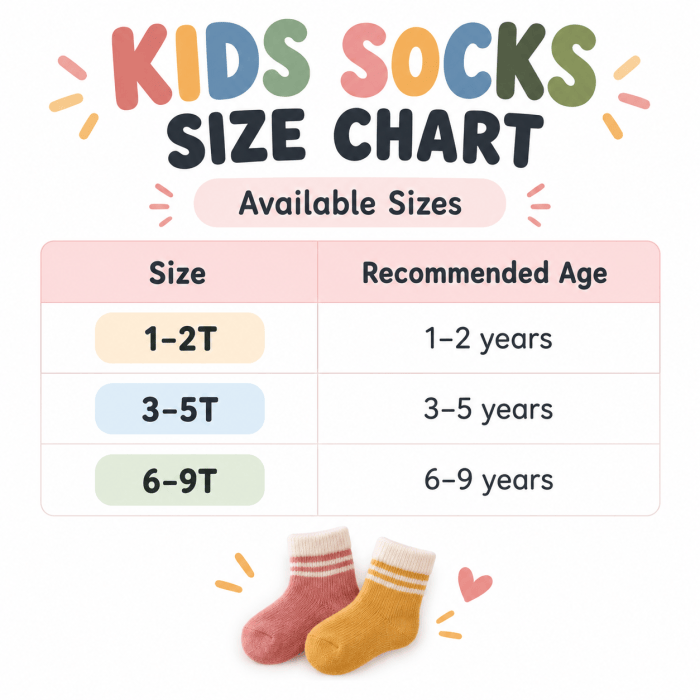 Kids socks size chart showing 1–2T, 3–5T and 6–9T sizes with recommended ages from 1 to 9 years