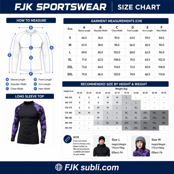 Unisex oversized ski hoodie size guide with garment measurements