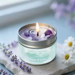 Peace and Calm aromatherapy candle burning beside lavender and chamomile flowers in a relaxing home setting.