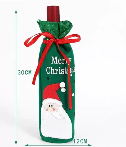 reen Santa Christmas wine bottle cover with red ribbon, measuring approximately 30cm by 12cm.