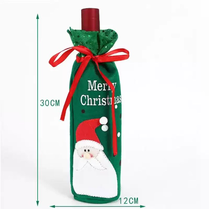 reen Santa Christmas wine bottle cover with red ribbon, measuring approximately 30cm by 12cm.
