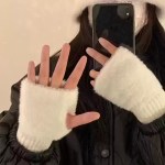 Fluffy knit fingerless gloves featuring a soft faux fur texture, rib-knit cuffs, and a thumb hole design for cozy winter wear.