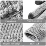 Thermal touchscreen knit winter gloves featuring a fleece lining, finger touchscreen compatibility, jacquard palm design, and an elastic cuff made from 95% acrylic and 5% spandex.