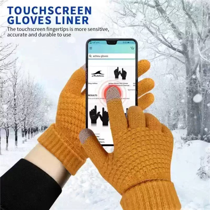Thermal touchscreen knit winter gloves featuring a fleece lining, finger touchscreen compatibility, jacquard palm design, and an elastic cuff made from 95% acrylic and 5% spandex.