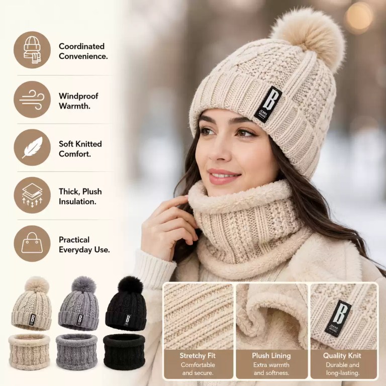 Women's winter beanie and scarf set featuring coordinated convenience, windproof warmth, soft knitted comfort, thick plush insulation, practical everyday use, a stretchy secure fit, a plush lining, a quality knit, and color options including beige, grey, and black.