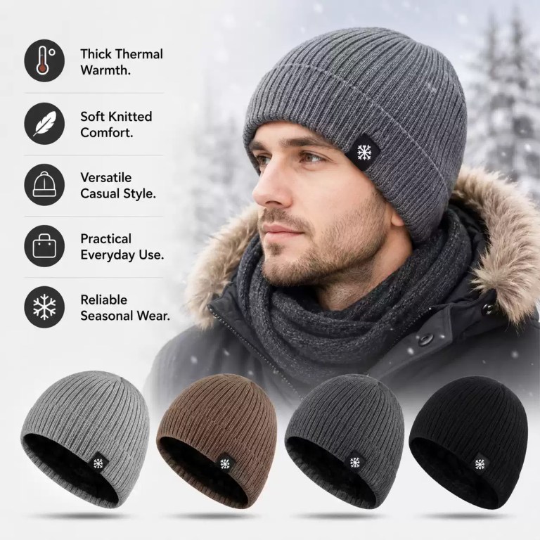 Men's ribbed thermal beanie hat featuring thick thermal warmth, soft knitted comfort, versatile casual style, practical everyday use, reliable seasonal wear, and color options including light grey, brown, dark grey, and black.