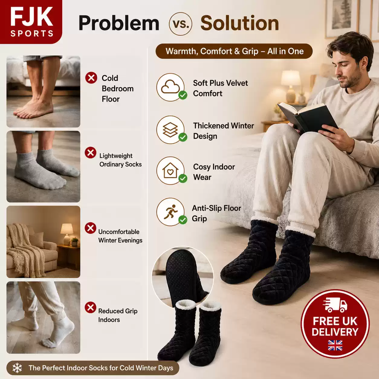 Man wearing thick black winter floor socks with soft plush lining and anti-slip grip for warm indoor comfort