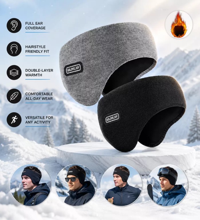 FJK Camping Gear thermal ear warmer headbands in grey and black featuring full ear coverage and double-layer warmth, displayed with key features and models in a snowy mountain setting.