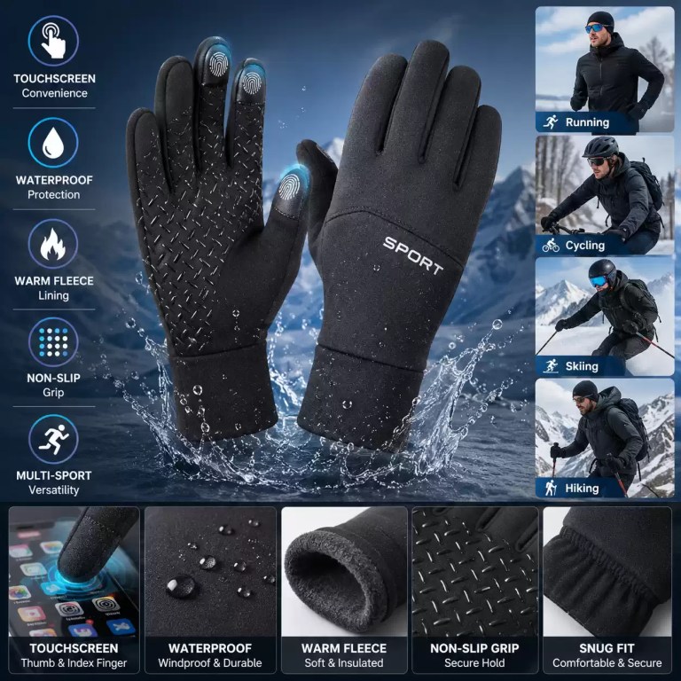 Waterproof thermal sport gloves featuring touchscreen convenience on the thumb and index finger, a warm fleece lining, non-slip grip, and a snug fit for running, cycling, and skiing.