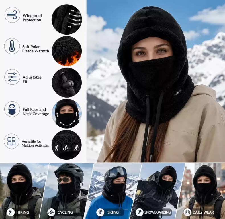 Windproof polar fleece hooded balaclava featuring soft thermal warmth, an adjustable fit, full face and neck coverage, and versatile utility for hiking, cycling, skiing, snowboarding, and daily wear.