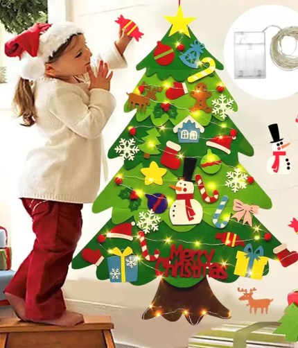 DIY felt Christmas tree with LED lights and toddler decorating