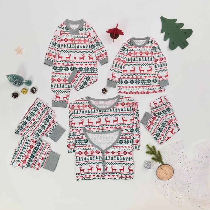 Flat lay show of complete matching family Christmas pajama set