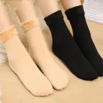 Beige and black fleece-lined thermal socks for cold-weather warmth