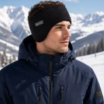 A man wearing a black thermal ear warmer headband and a blue winter jacket outdoors in a snowy mountain landscape.