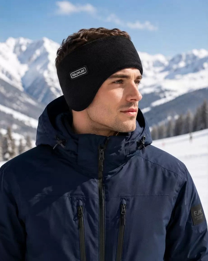Thermal Ear Warmer Headband A man wearing a black thermal ear warmer headband and a blue winter jacket outdoors in a snowy mountain landscape.