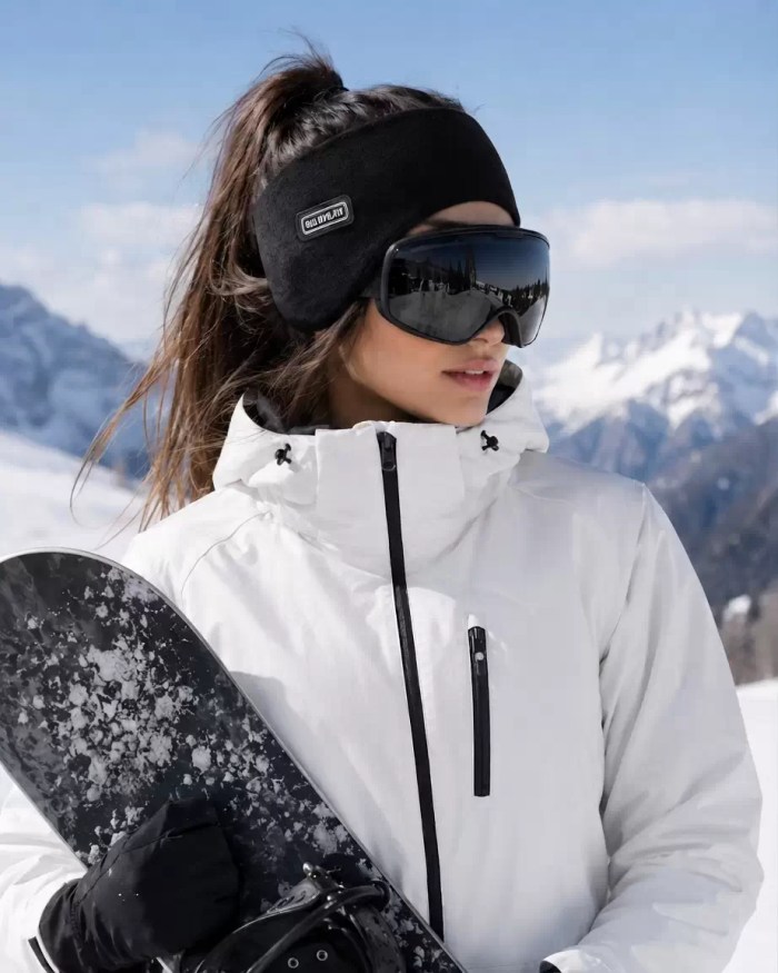 Thermal Ear Warmer Headband A woman wearing a black thermal ear warmer headband, white ski jacket, and ski goggles while holding a snowboard in a snowy mountain setting.
