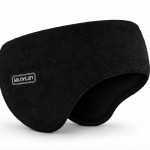 Black thermal ear warmer headband featuring a soft fleece texture and a branded rubber patch on a white background.