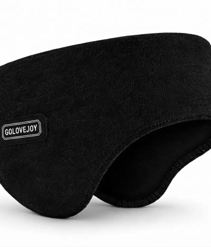 Black thermal ear warmer headband featuring a soft fleece texture and a branded rubber patch on a white background.