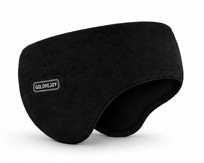 Thermal Ear Warmer Headband Black thermal ear warmer headband featuring a soft fleece texture and a branded rubber patch on a white background.