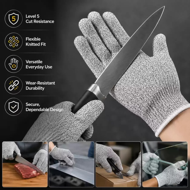 Level 5 cut resistant safety gloves featuring a flexible knitted fit, wear-resistant durability, and versatile everyday use for handling sharp kitchen knives and materials.