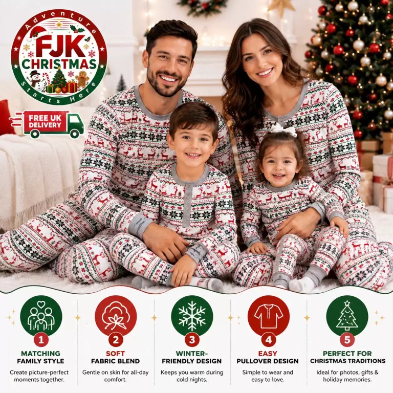 Family wearing matching fair isle Christmas pajamas near decorated tree