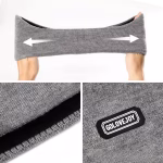 Stretchy grey knit headband showing horizontal elasticity and a detailed view of its fleece interior and branded patch.