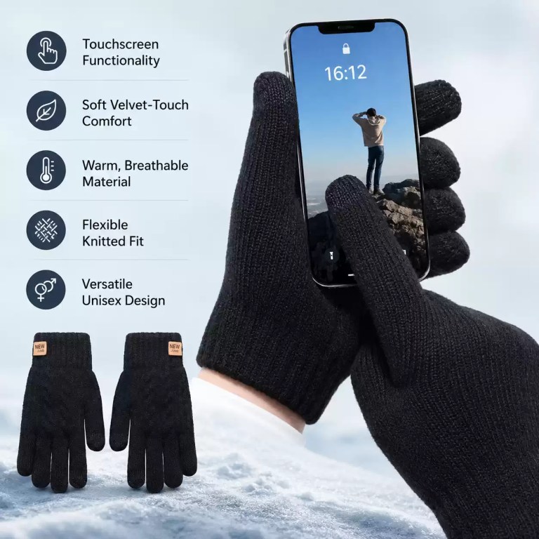 Touchscreen knitted winter gloves featuring soft velvet-touch comfort, warm and breathable material, a flexible knitted fit, and a versatile unisex design.