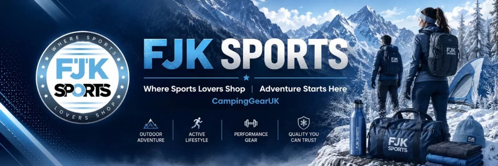 FJK Camping Gear sports promotional banner featuring snowy mountains, outdoor icons, and adventure gear.