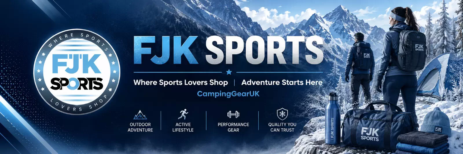 FJK Camping Gear sports promotional banner featuring snowy mountains, outdoor icons, and adventure gear.
